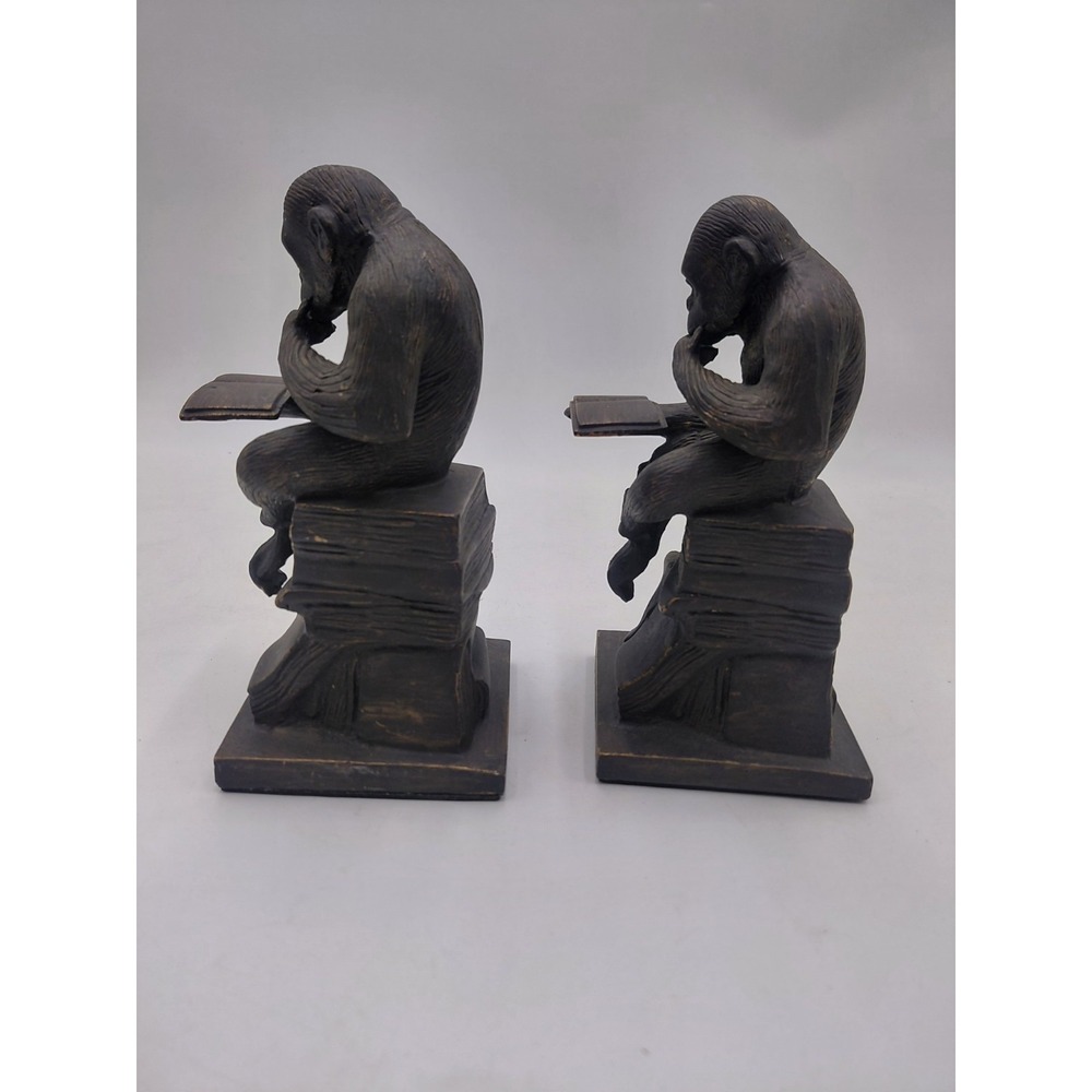 Vtg 2 Monkeys Reading Book Bookends The Thinker Ape Nature 7.5" Library Decor